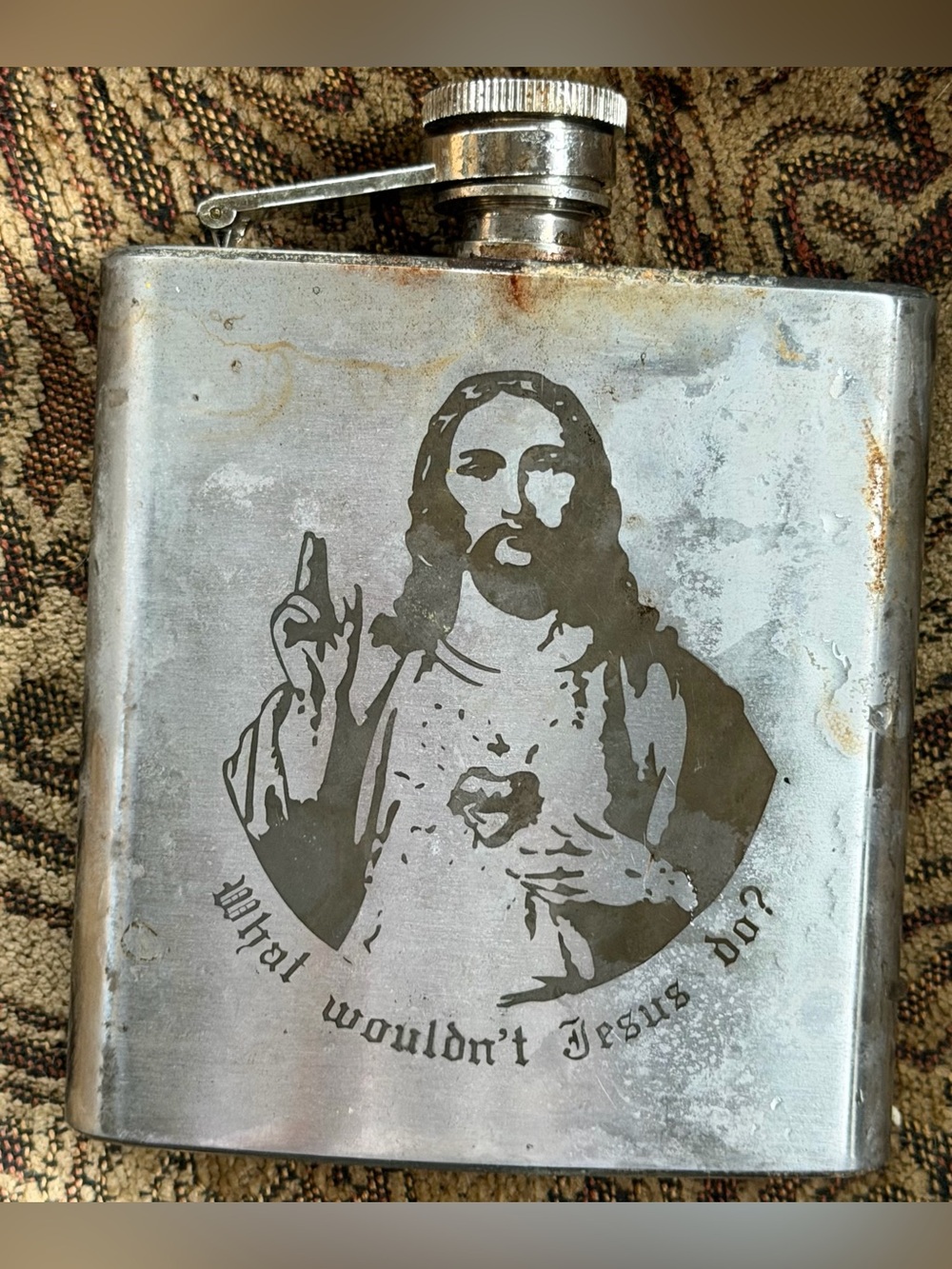 Engraved Stainless Steel Flask with Jesus Motif